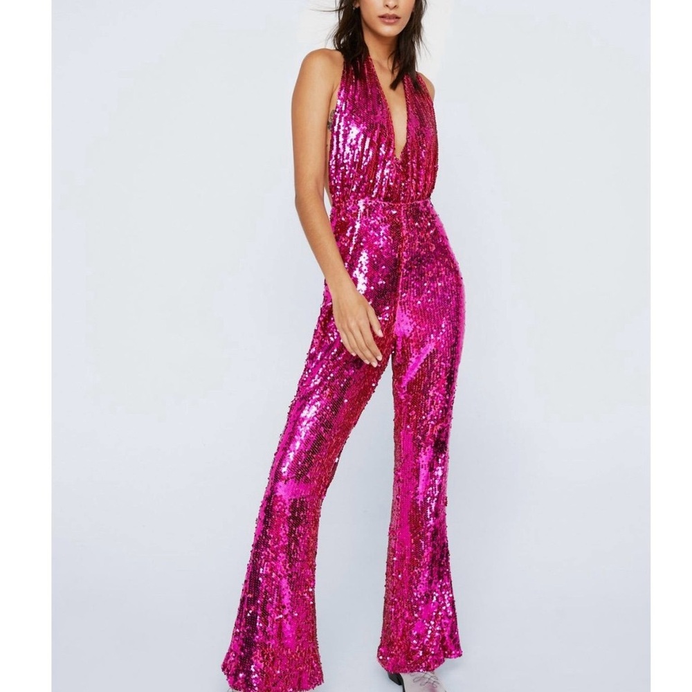 NWT Nasty Gal Hot Pink Sequin Halter Neck Flare Pants Jumpsuit